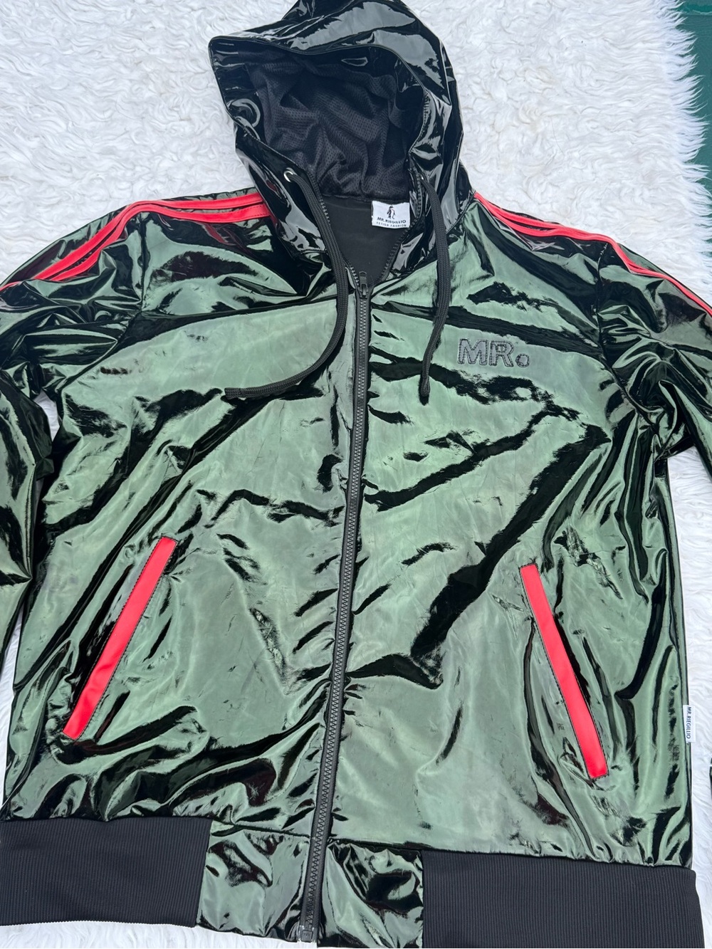 MR. RIEGILLIO PVC Tracksuit Jacket hoodie Drawstring Glossy Black & Red Stripes